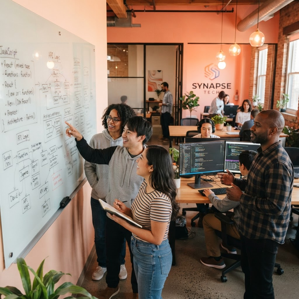 The PeachTech engineering team collaborating in the office